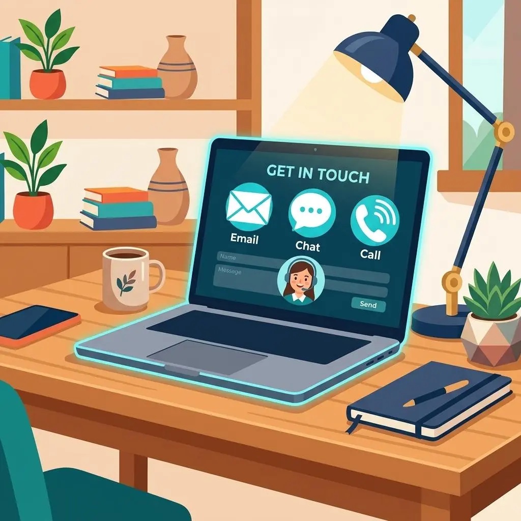 Cozy office workspace desk showing contact channels illustration